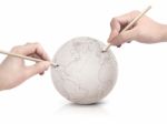 Two Hand Stroke Drawing America Map On Paper Ball Stock Photo