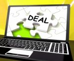 Deal Laptop Shows Trade Deals Contract Or Dealing Online Stock Photo