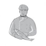 Vintage Fishmonger Holding Fish Drawing Stock Photo