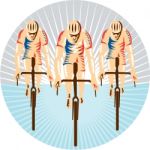 Cyclist Riding Bicycle Cycling Circle Woodcut Stock Photo