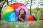 Happy Woman With Umbrella Stock Photo