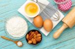 Baking Ingredients On Wood Table Stock Photo