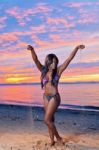 Beautiful Black African American Woman Posing On The Beach At Su Stock Photo