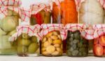 Variety Of Jars With Organic Vegetable Pickles Stock Photo