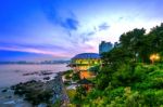 Dongbaek Island With Nurimaru Apec House And Gwangan Bridge At Sunset In Busan,south Korea Stock Photo