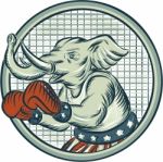 Republican Elephant Boxer Mascot Circle Etching Stock Photo