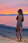 Beautiful Black African American Woman Posing On The Beach At Su Stock Photo