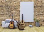 3d Guitar On White Sofa In The Living Room Stock Photo