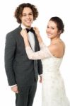 Pretty Bride Adjusting Her Man's Bowtie Stock Photo