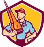 Construction Worker Jackhammer Shield Cartoon Stock Photo