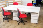 Office Desks And Red Chairs Cubicle Set Stock Photo