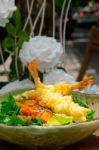 Fresh Japanese Tempura Shrimps With Salad Stock Photo