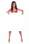 Young Smiling Woman In Red Bikini Holding White Blank Board Stock Photo