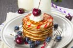 Stack Of Pancakes With Fresh Berries Stock Photo