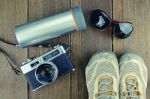 Travelling Set With Wood Background In Vintage Look Stock Photo