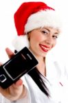 Woman Wearing Christmas Hat Stock Photo