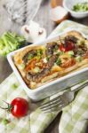 Quiche Lorraine With Chicken, Mushrooms And Broccoli Stock Photo