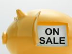 On Sale Piggy Bank Shows Discounts And Promotion Stock Photo