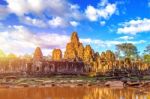 Ancient Stone Faces Of Bayon Temple, Angkor Wat, Siam Reap, Cambodia Stock Photo