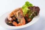 Black Spaghetti With River Prawn Stock Photo