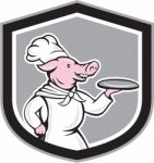 Pig Chef Cook Holding Dish Cartoon Stock Photo