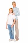 Mum And Son Standing And Smiling Isolated On White Background Stock Photo