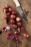 Shallots Still Life Wood Background Stock Photo