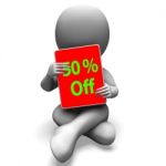 Fifty Percent Off Tablet Means 50% Discount Or Sale Online Stock Photo