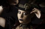 Steampunk Young Woman Emotional Portrait Stock Photo