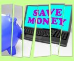 Save Money Piggy Bank Shows Spare Cash And Savings Stock Photo