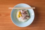 Steam Chicken Meat With Steam Rice In A Dish Stock Photo