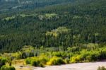 Wooden Hut Beside Lower Two Medicine Lake Stock Photo