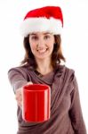  Santa Hat Woman Holding Cup Stock Photo