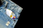 Jeans Lack And And Credit Card On The Wooden Floor Stock Photo