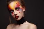 Young Female Model With Bloody Eyes Makeup Stock Photo