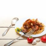 Italian Seafood Spaghetti Pasta On Red Tomato Sauce Stock Photo