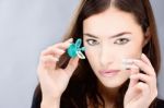 Woman Holding Contact Lenses Wash Case Stock Photo