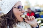 Young Beautiful Woman Shopping Fruit In A Market Stock Photo