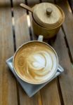 Closeup Hot Latte With Wooden Sugar Bowl Stock Photo