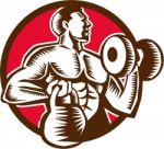 Athlete Lifting Kettlebell Dumbbell Circle Woodcut Stock Photo