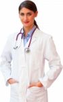 Portrait Of Confident Female Doctor In Lab Coat Stock Photo