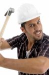 Builder Showing His Hammer Stock Photo