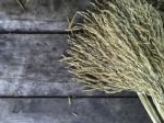 Dry Raw Rice Paddy Beautifully Tie With Brown Rope On Old Wood S Stock Photo