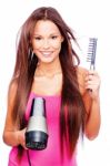 Woman Blow Dryer And Comb Stock Photo