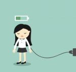 Business Concept, Business Woman Feeling Tired And Charging Battery Stock Photo