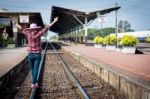 Tourists Woman Are Enjoying The Train Station Stock Photo