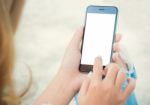 Closeup Women Using Phone From Back View Stock Photo