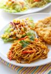 Thai Red Curry  Spaghetti With Fried Fish Stock Photo