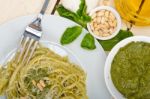 Italian Traditional Basil Pesto Pasta Ingredients Stock Photo