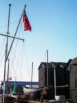 Fishermen's Sheds And Boat  In Hastings Stock Photo